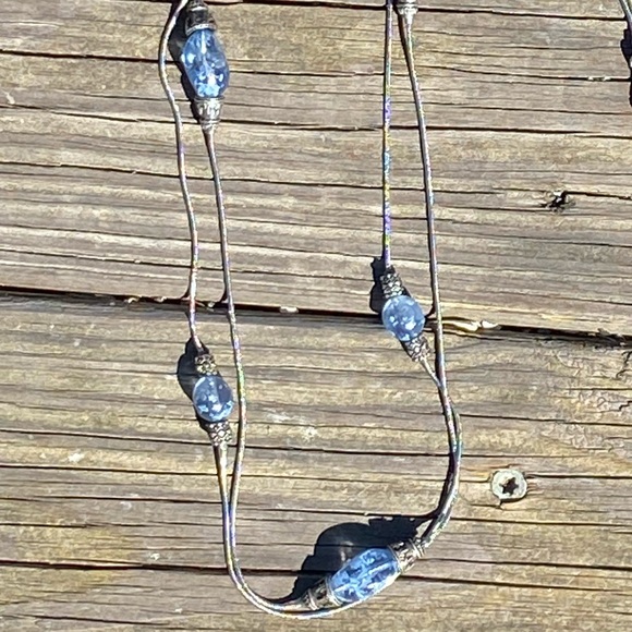 Long double strand necklace light blue beaded lantern look beads - Picture 1 of 9